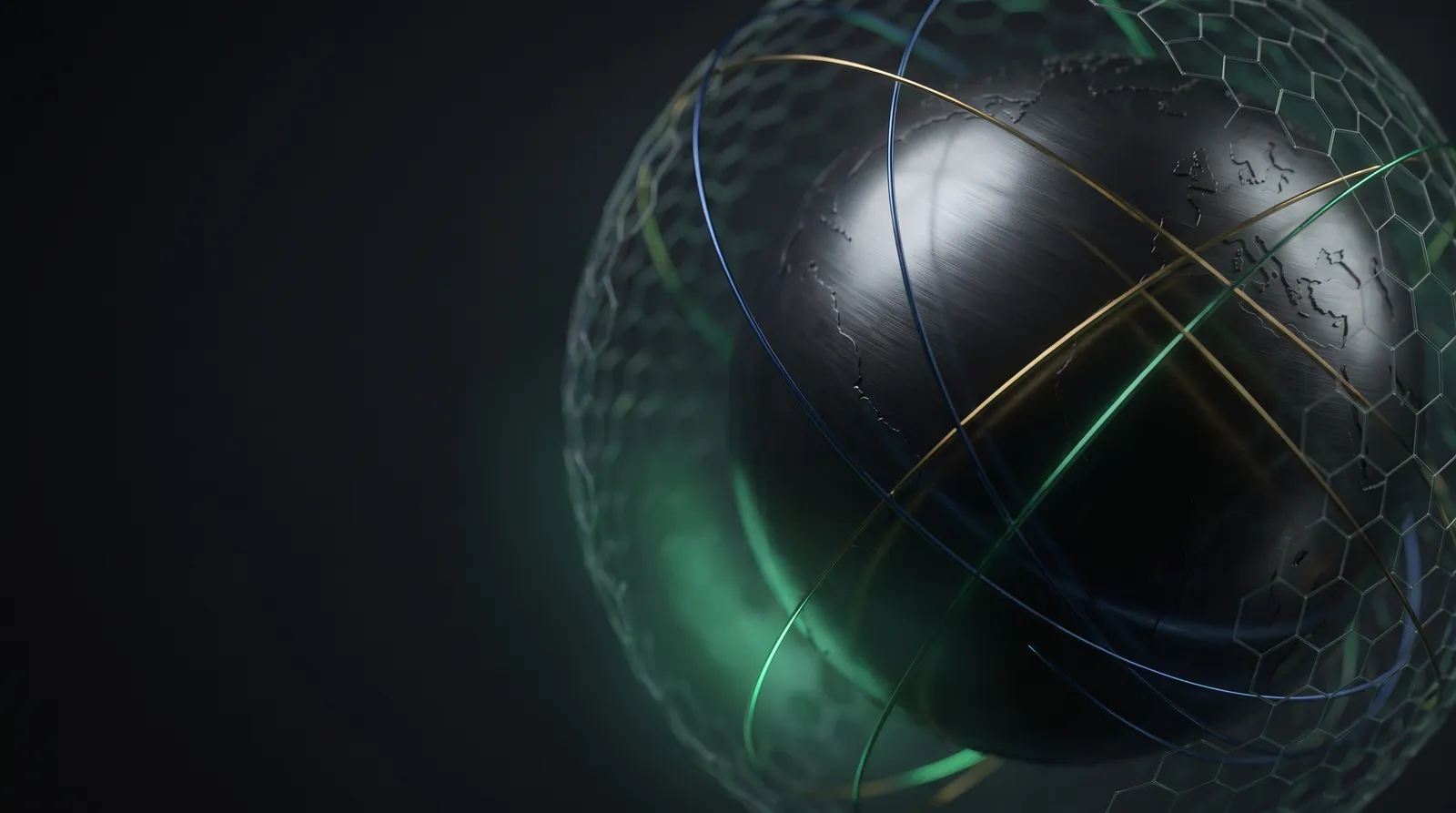 Light trails arcing over a dark metallic globe form, suggesting currency flow