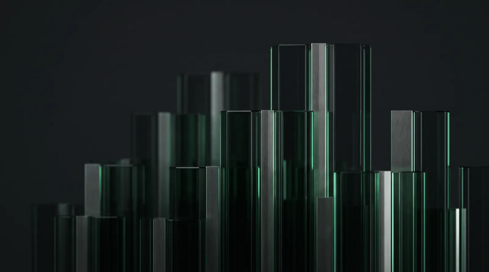 Tall glass and steel columns of varying heights arranged like a market board