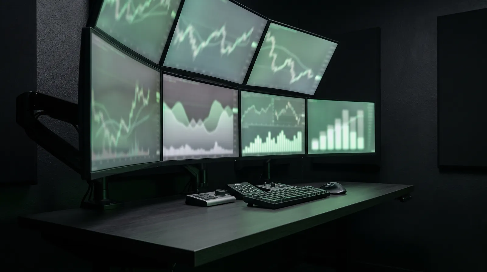 Multi-monitor trading workstation glowing softly in a darkened room